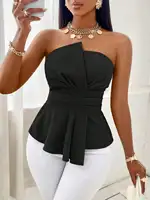 Top sin Tirantes para Mujer, Color Negro Sólido, Corte Ajustado, Estilo Peplum con Cinturón en la Cintura, Top Casual Elegante para Primavera/Verano, Ideal para el Trabajo y Vacaciones