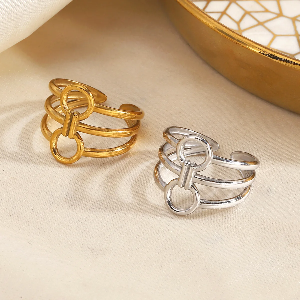 Stainless Steel Line Ring Neutral Multi Layer Chain Buckle Open Ring Luxury Non Fading Banquet Hand Aesthetic Jewelry Accessory