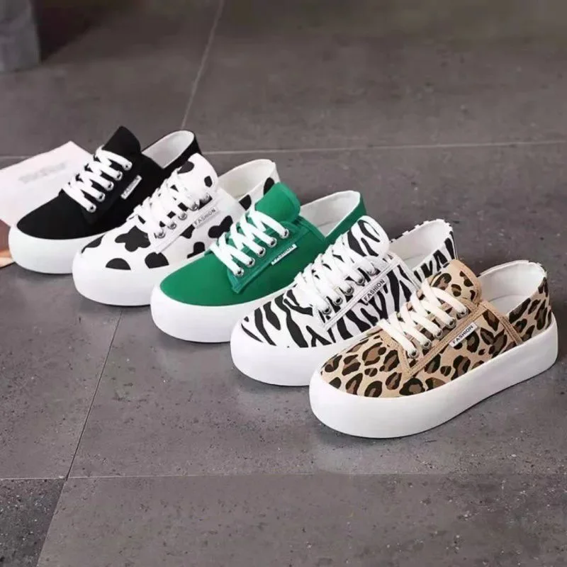 Canvas Platform Shoes Women Korean Leopard Sneakers Thick Sole Lace Up Slip on Casual Shoes Woman Walking Loafers Zapatos Mujer