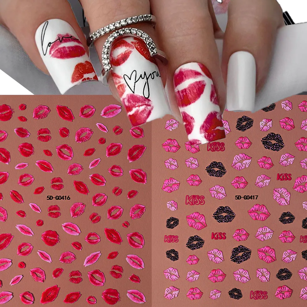 

5D Embossed Sexy Red/Pink Lips Nail Stickers Self-Adhesive Blooming Red Lips Nail Decal Romantic Luxy Lady Lips Manicure Slider