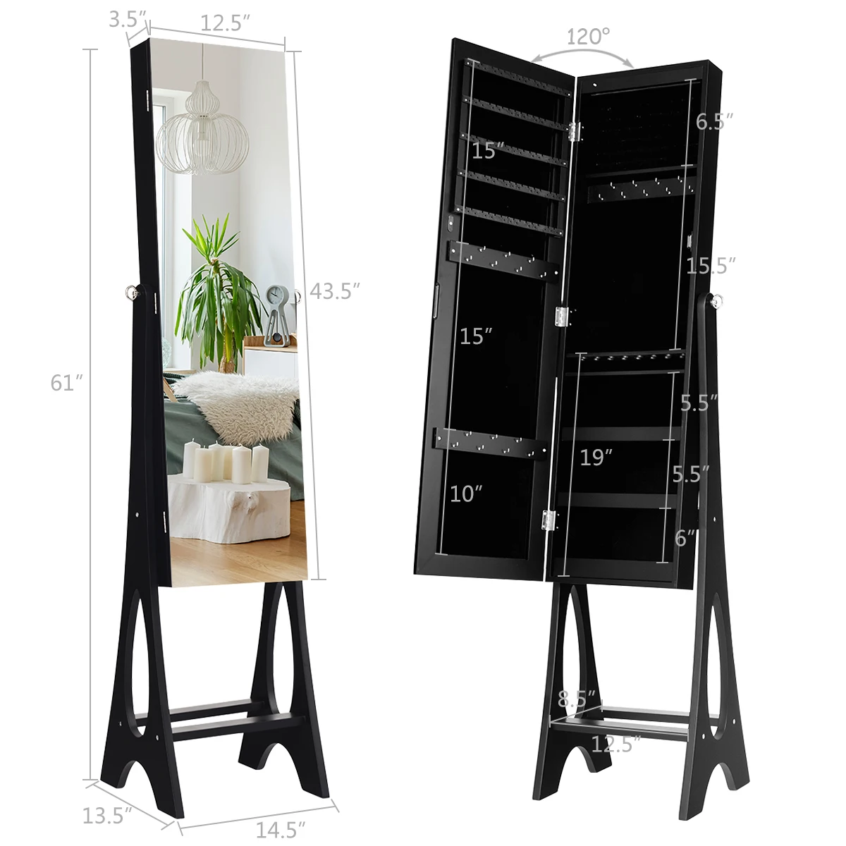 LED Jewelry Cabinet Armoire w/ Bevel Edge Mirror Organizer Mirrored Standing New