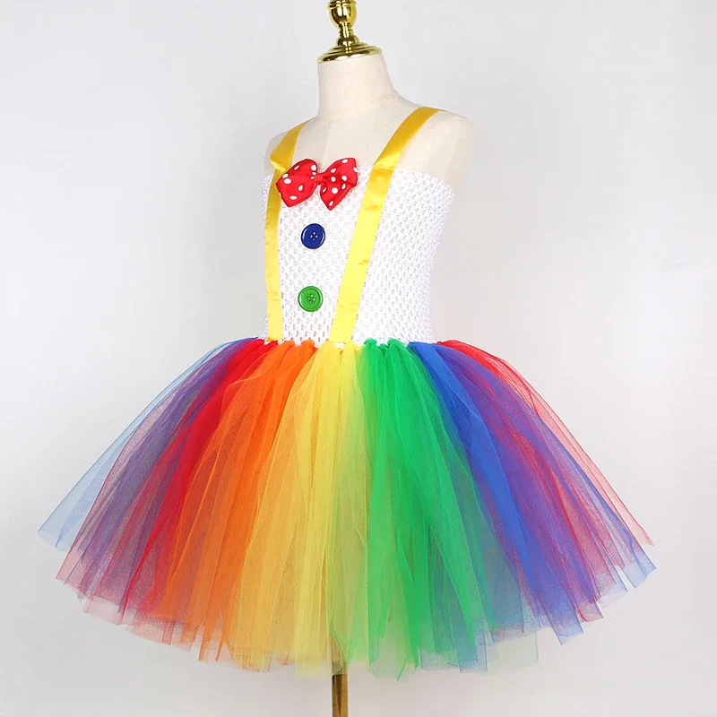 Rainbow Circus Clown Costume for Girls Funny Joker Halloween Tutu Dress for Kids Birthday Carnival Party Outfit Children Clothes