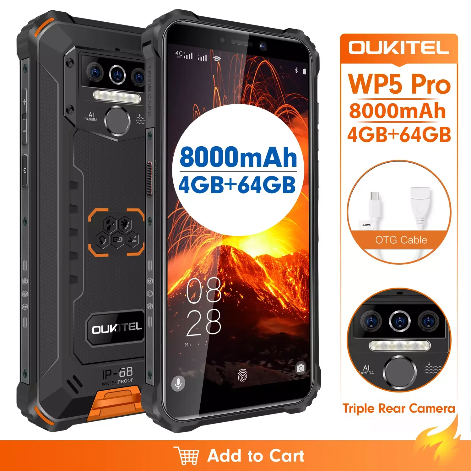 OUKITEL WP5 Pro Rugged SmartPhone, 4GB +64GB Cellphone, 8000mAh Android Mobilephone IP68 Waterproof 5.5" HD+ Triple Camera