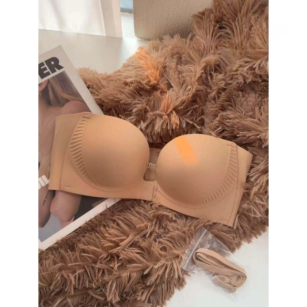 Women Non-Slip Strapless Front Closure Push Up Bandeau Bra Seamless Invisible Wrap Chest Undergarment Small Bust Support Bra