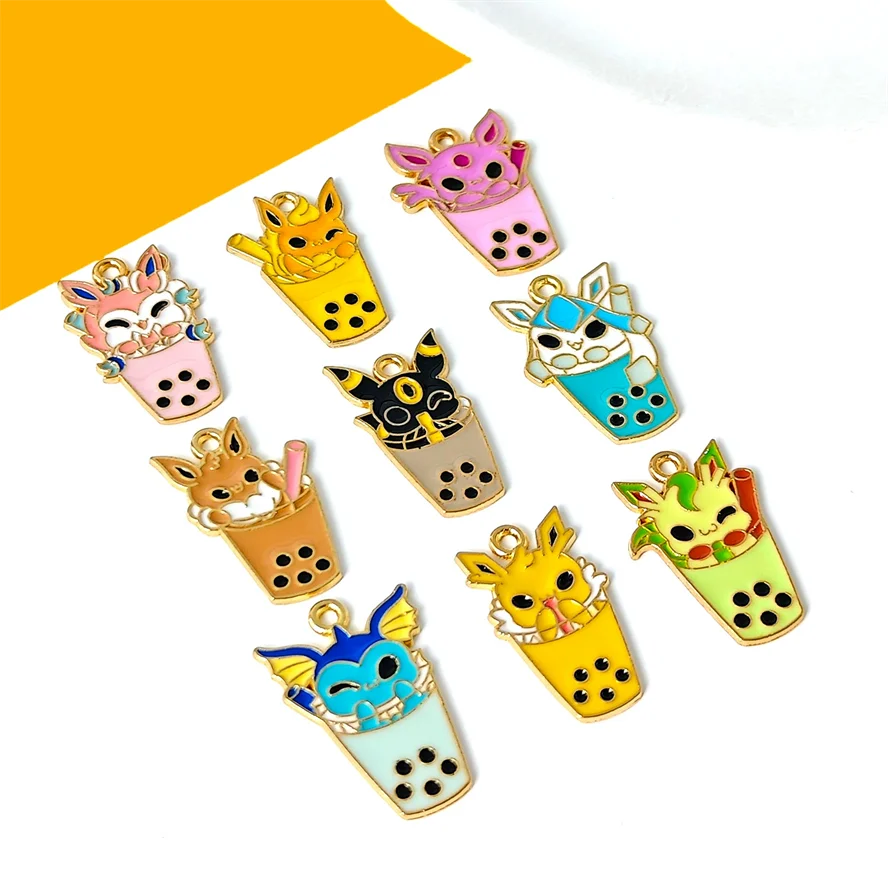 10Pcs Cartoon Pokémon Eevee Bubble Tea Key/Phonechain Boba Drink Enamel Pendant for DIY Necklace Bracelet Bag Charm Accessory