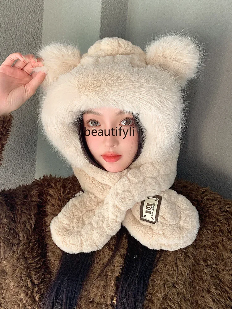 Bear plush hat women's winter scarf integrated thickened and warm winter versatile face small ear protection scarf