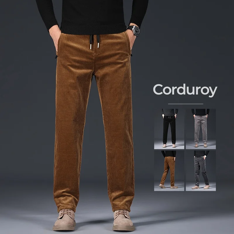 

Solid Straight Elastic Waist Casual Pants Men's Corduroy Fabric Stretch Cargo Trousers Fashion Casual Male Clothing Autumn New