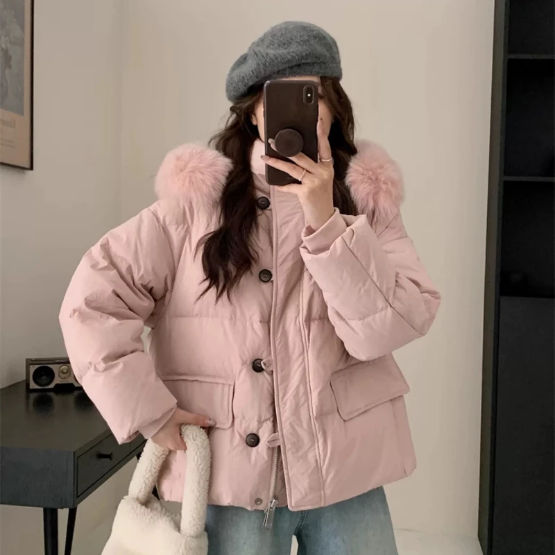 Women's Winter Hooded Down Jacket with Large Fur Collar Sweet Casual Coats Stylish Button Outerwear Thick Warm Short Down Jacket