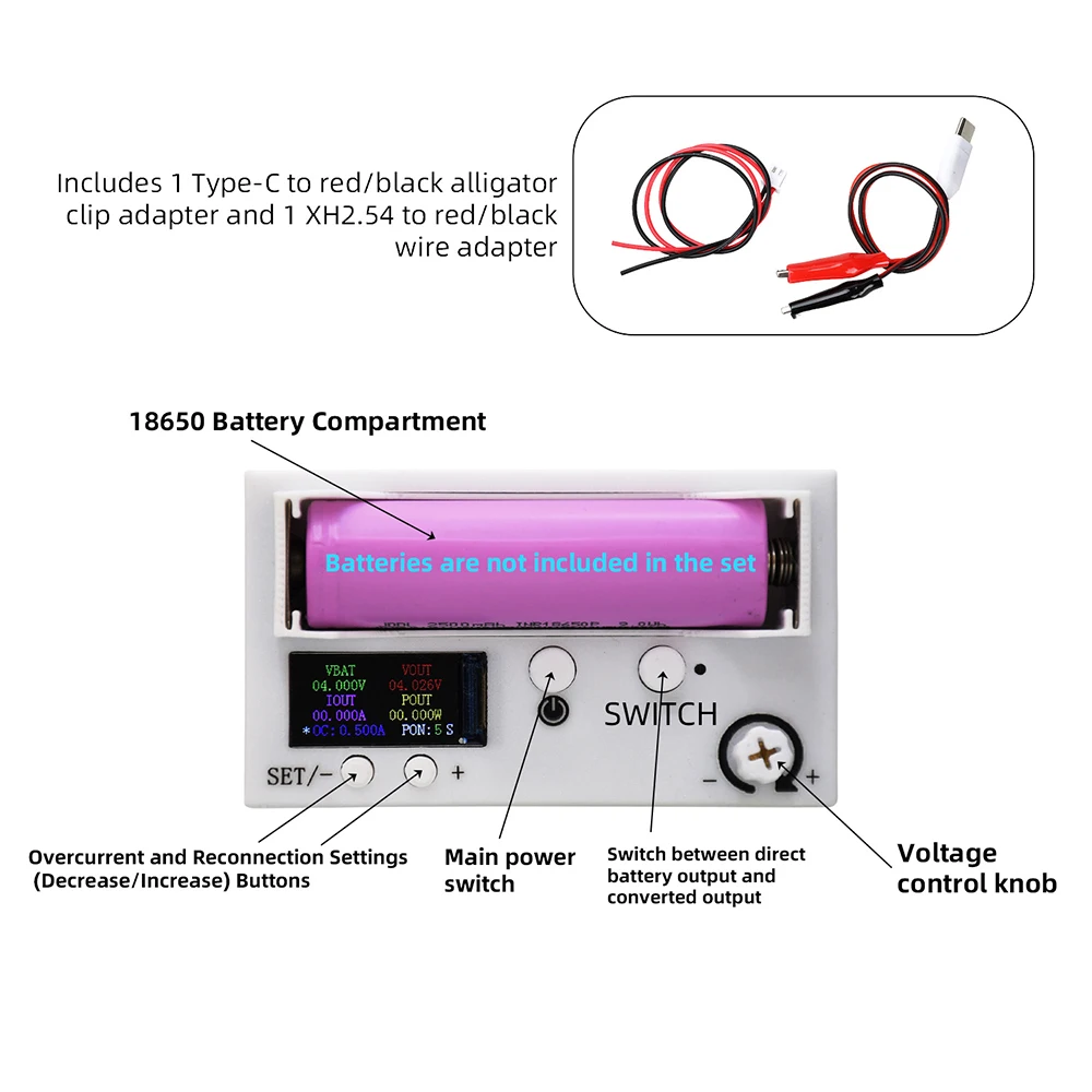 5W 18650 Buck-Boost Power Supply 0.6~25.6V Adjustable Test Power Supply Box with TFT Color Screen Buck-Boost Power