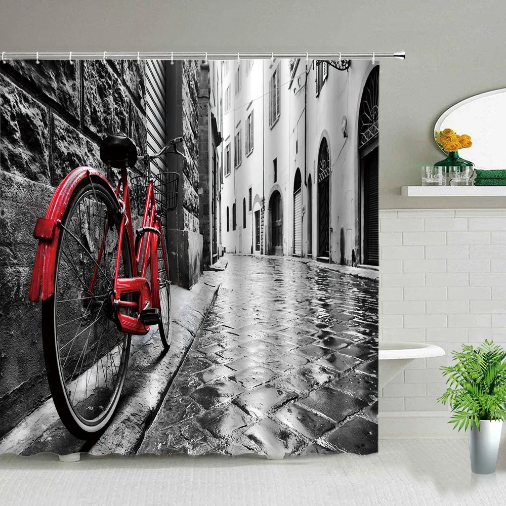 Retro Old Street Building Bicycle Landscape Shower Curtains European Style Poster Bathroom Curtain Waterproof Fabric With Hooks