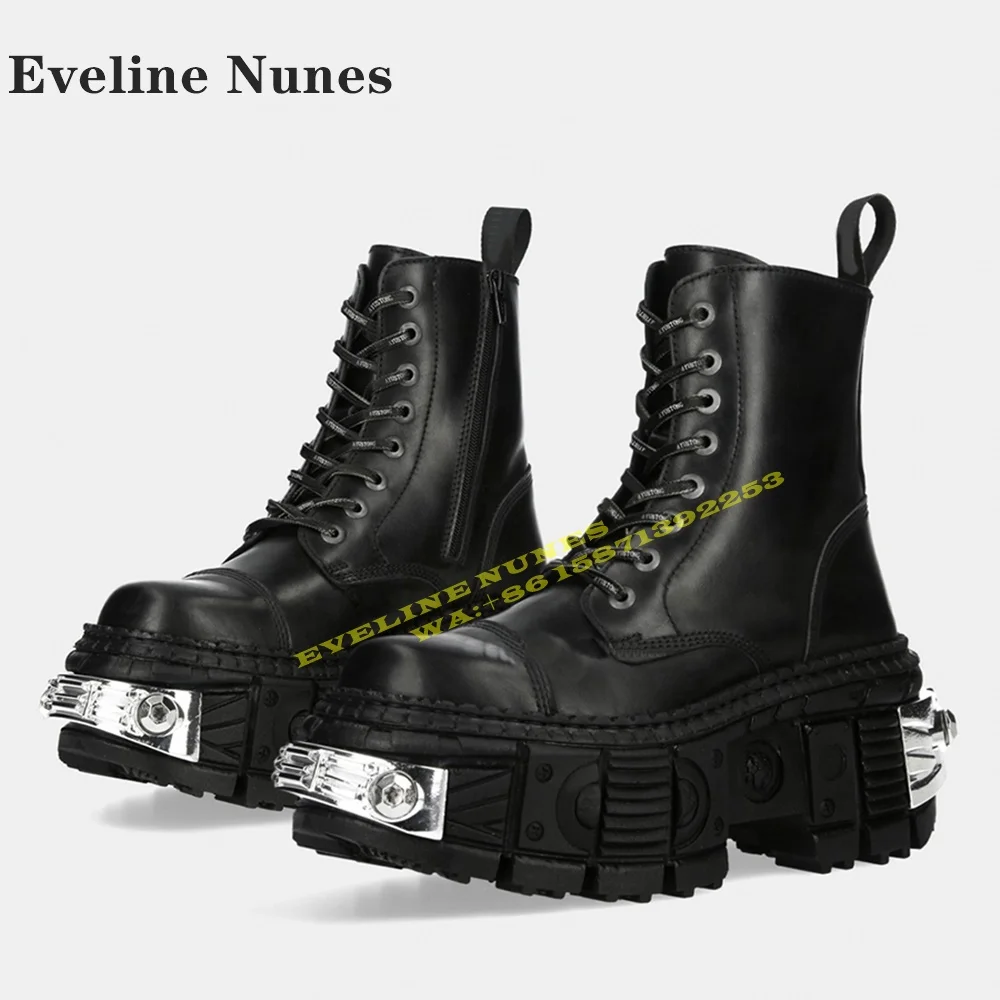 

Metal Decoration Platform Punk Motorcycle Boots 2024 New Style Trend Round Toe Tank Sole Cross Tied Side Zip Couple Knight Boots