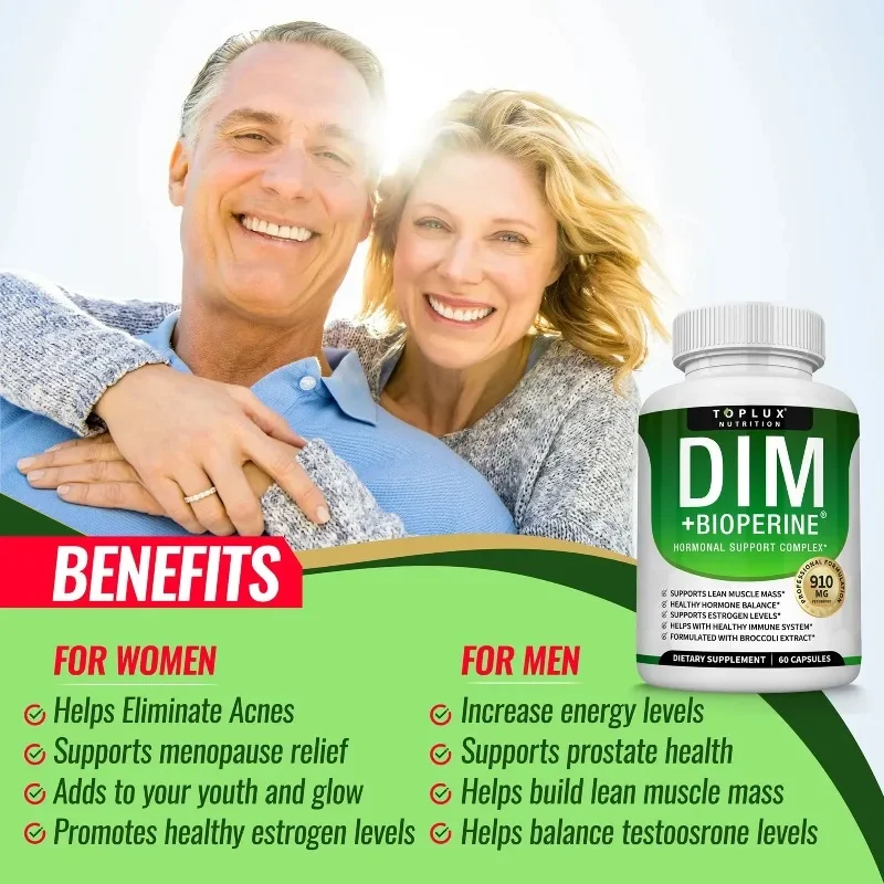 Suplemento Dim 910mg: apoya el equilibrio hormonal y el metabolismo de estrógeno, ilumina el tono de la piel, antioxidante, promueve la digestión