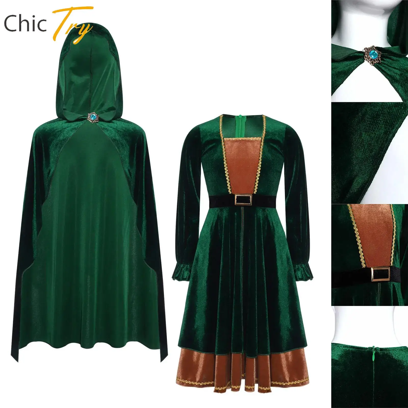 

Kids Girls Fancy Jungle Archer Velvet Dress with Hooded Cape Long Sleeve Gem Dress Fairytale Hunter Halloween Cosplay Costumes
