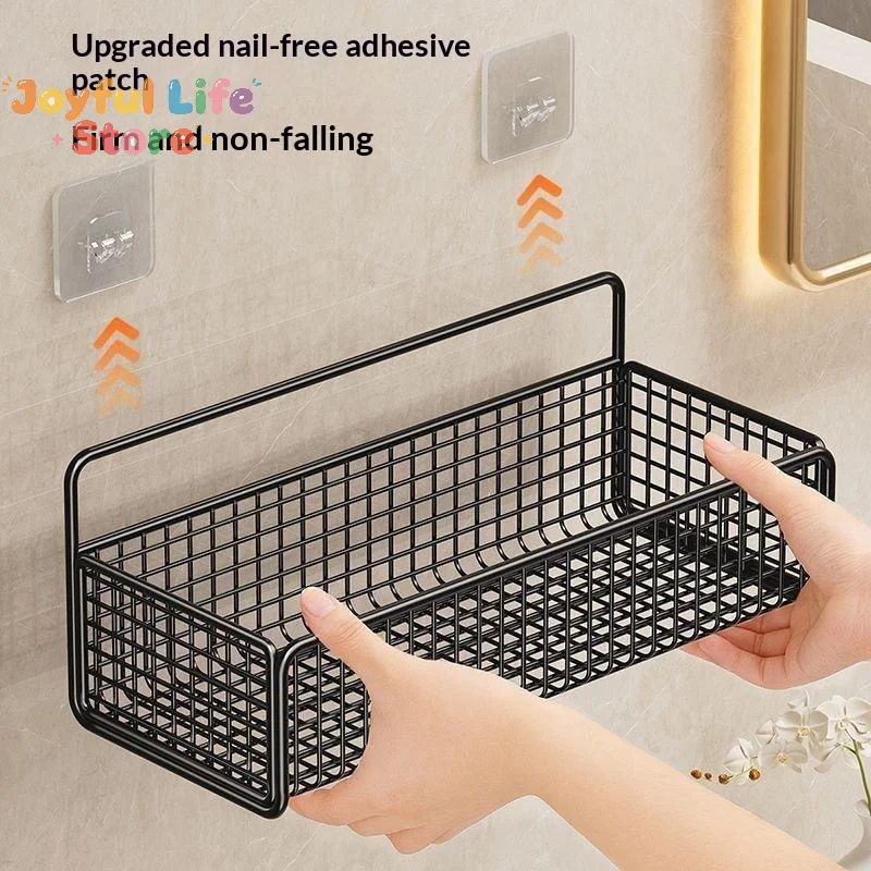 Hot Sale Black Iron Wall Storage Basket Organizer No Drill Sticky Hooks High Load For Bath Kitchen Storage Rack