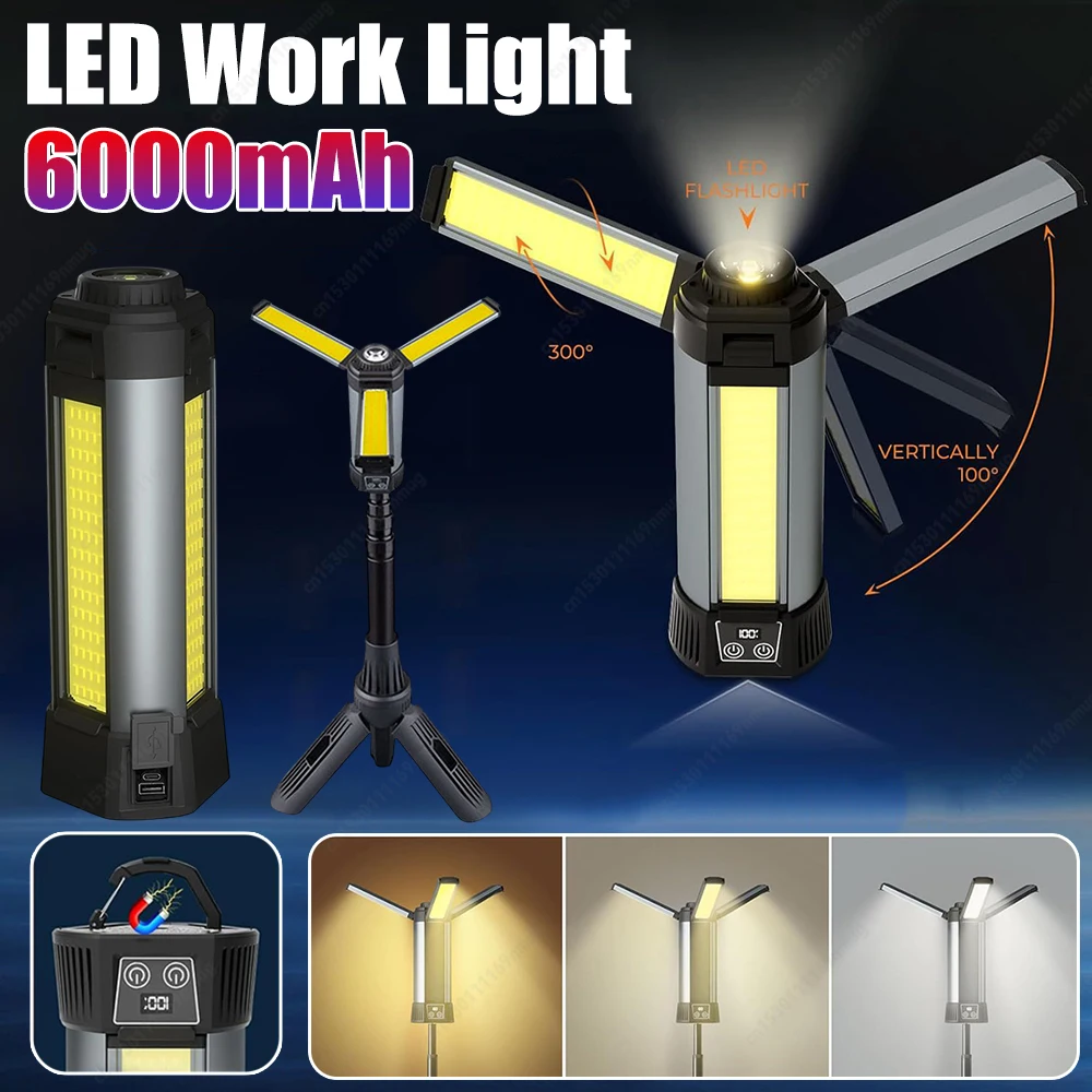 

Рабочий фонарь LED 6000 мАч с подставкой, беспроводной, с COB, регулируемой яркостью, телескопический, для кемпинга на открытом воздухе