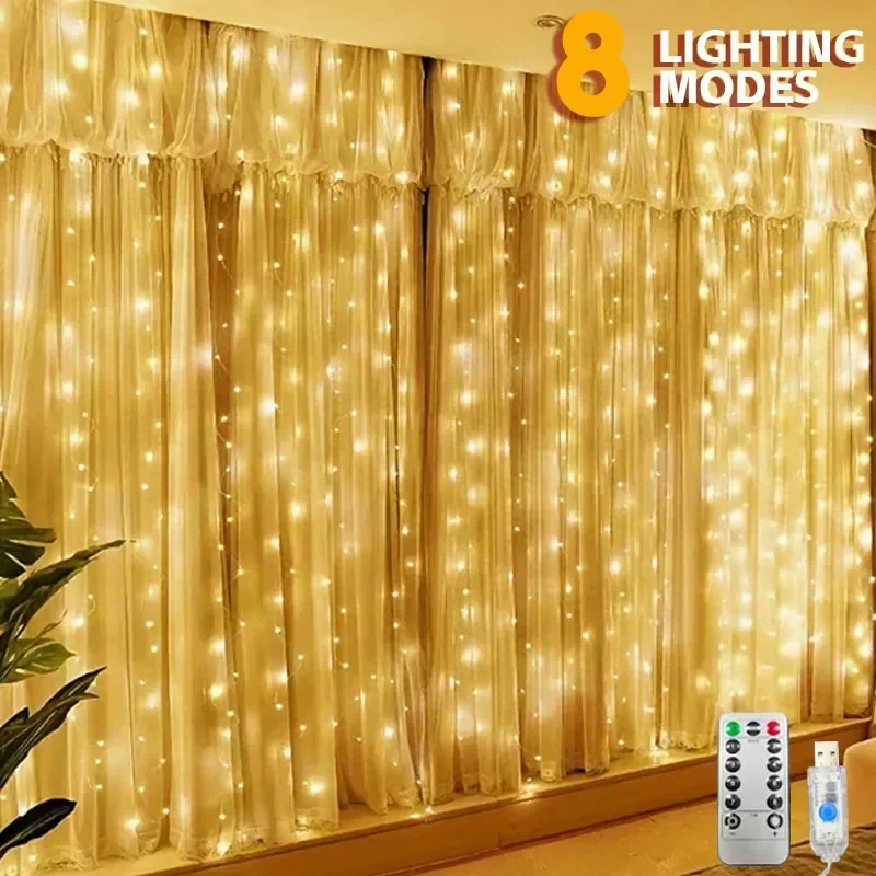 Christmas Lights LED Fairy String Curtain Lights 8 Mode Remote USB Festoon Christmas Decor For Home Holiday New Year Lamp