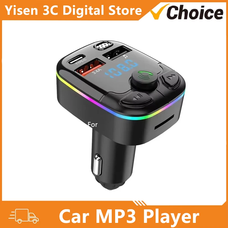 Digital Display Car MP3 Player with Hands-free 18W Fast Charging Car FM Transmitter Cigarette Lighter Type-C Dual USB Adapter