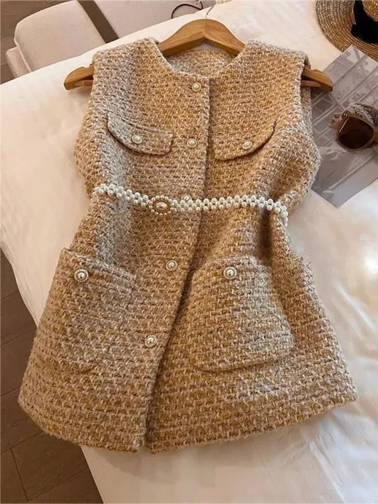 2024 Vintage Tweed Jacket Sleeveless Coat Ladies Belt Small Fragrance Jacket Autumn Korean Women Vest