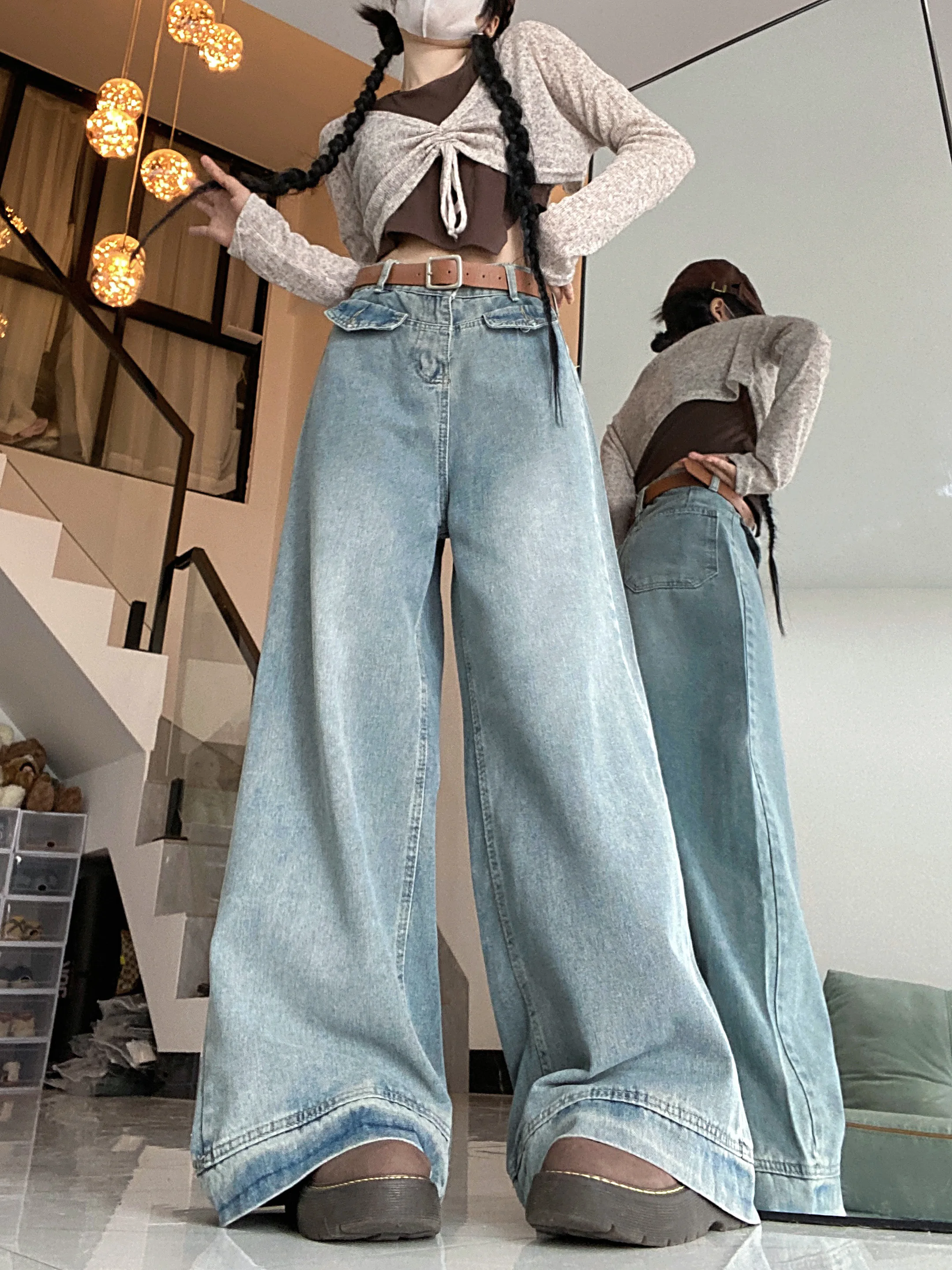 WCFCX STUDIO-Calça larga de cintura alta feminina, simples, moda versátil, calça larga, calça casual, outono, 2023