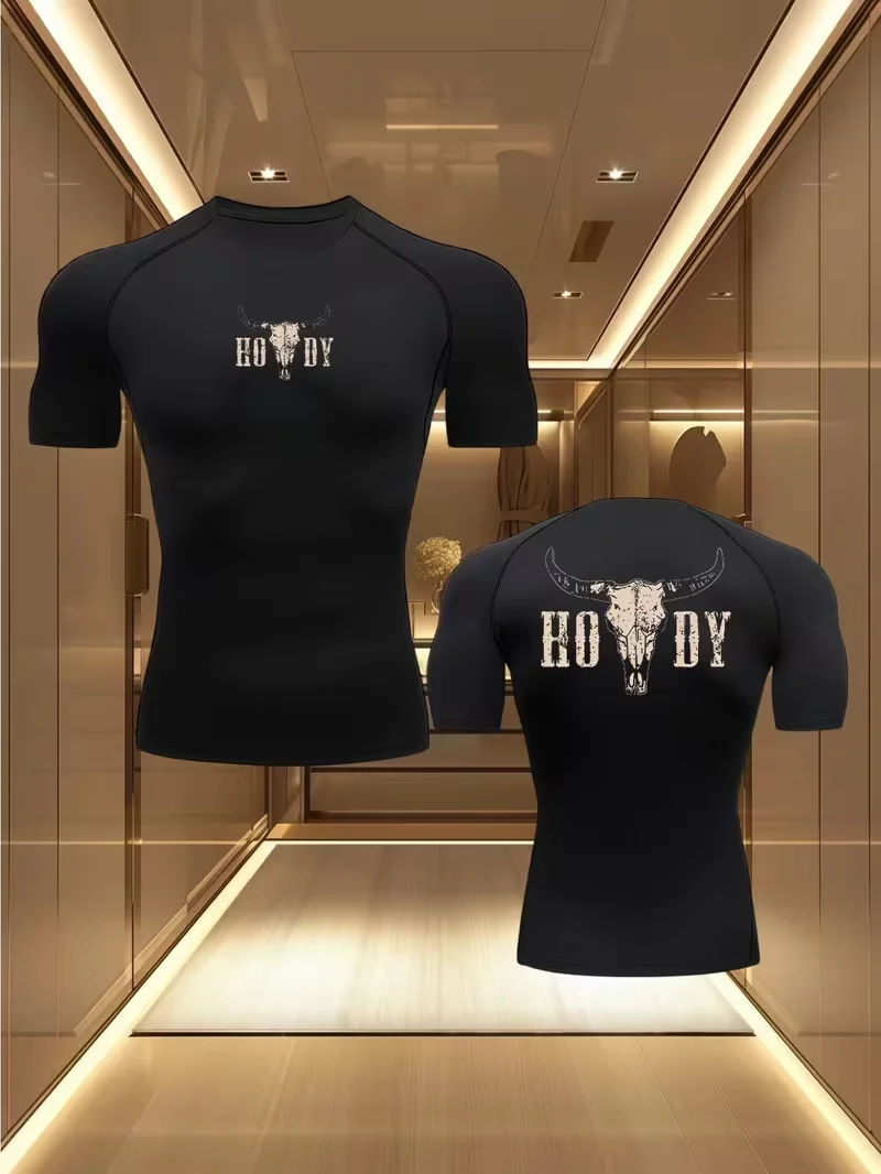 Trendiges Design, Gothic-Muster bedrucktes Herren-Sport-T-Shirt, schnelltrocknend, hochelastisches Kompressions-T-Shirt mit kurzen Ärmeln.