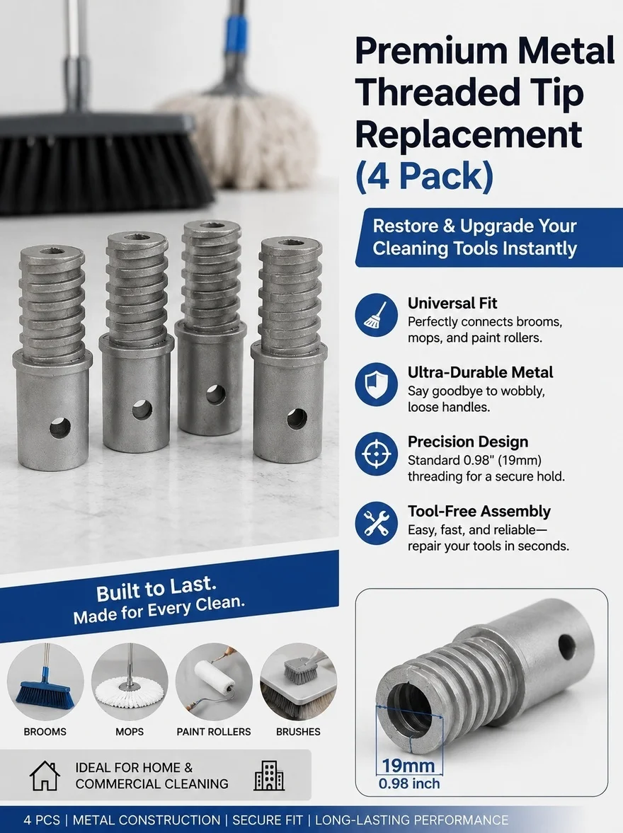 4Pcs Threaded Extension Pole Adapter Metal 19Mm Thread Broom Handle Tip Replacement Paint Roller Stick Connector Cleaning Rod