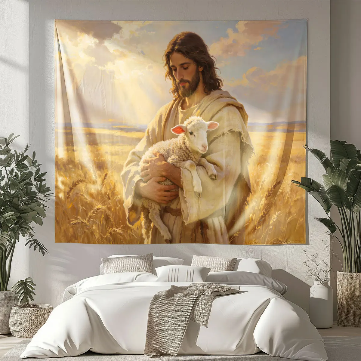 1 Stück Jesus-Porträt-Druck 90g Wandteppich in Verschiedenen Größen Hintergrund-Wanddekoration Raumdekoration Geschenk Hintergrundstoff