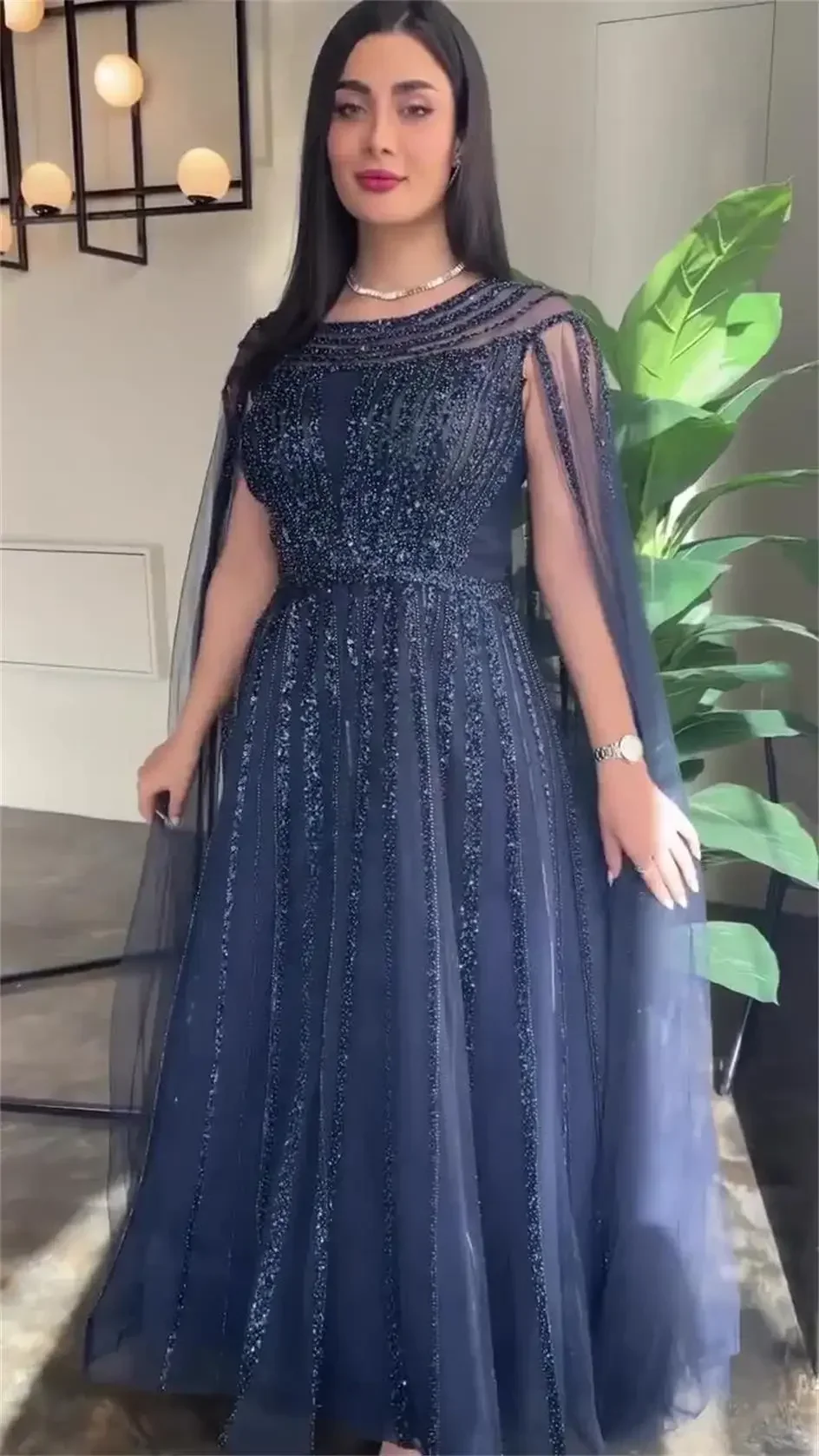 

Customized Elegant Dark Navy Tulle Prom Dresses Pleated Sequins Beadings Evening Gowns Floor-Length Formal Party Dresses