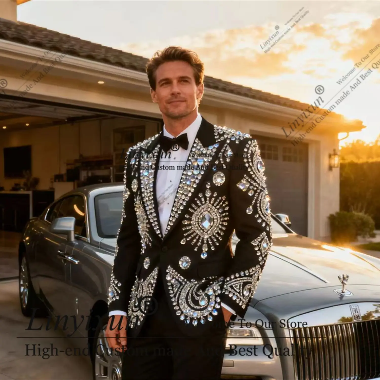 

Sparkly Crystal Embellished Men Suits 2 Pieces Male Party Prom Blazers Customized Glitter Lapel Groom Tuxedos Slim Ropa Hombre