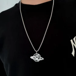 Rusty steel Universe Planet Moon Sun Saturn Figure Pendant Snake bone chain Long sweater chain hoodie necklace for men and women