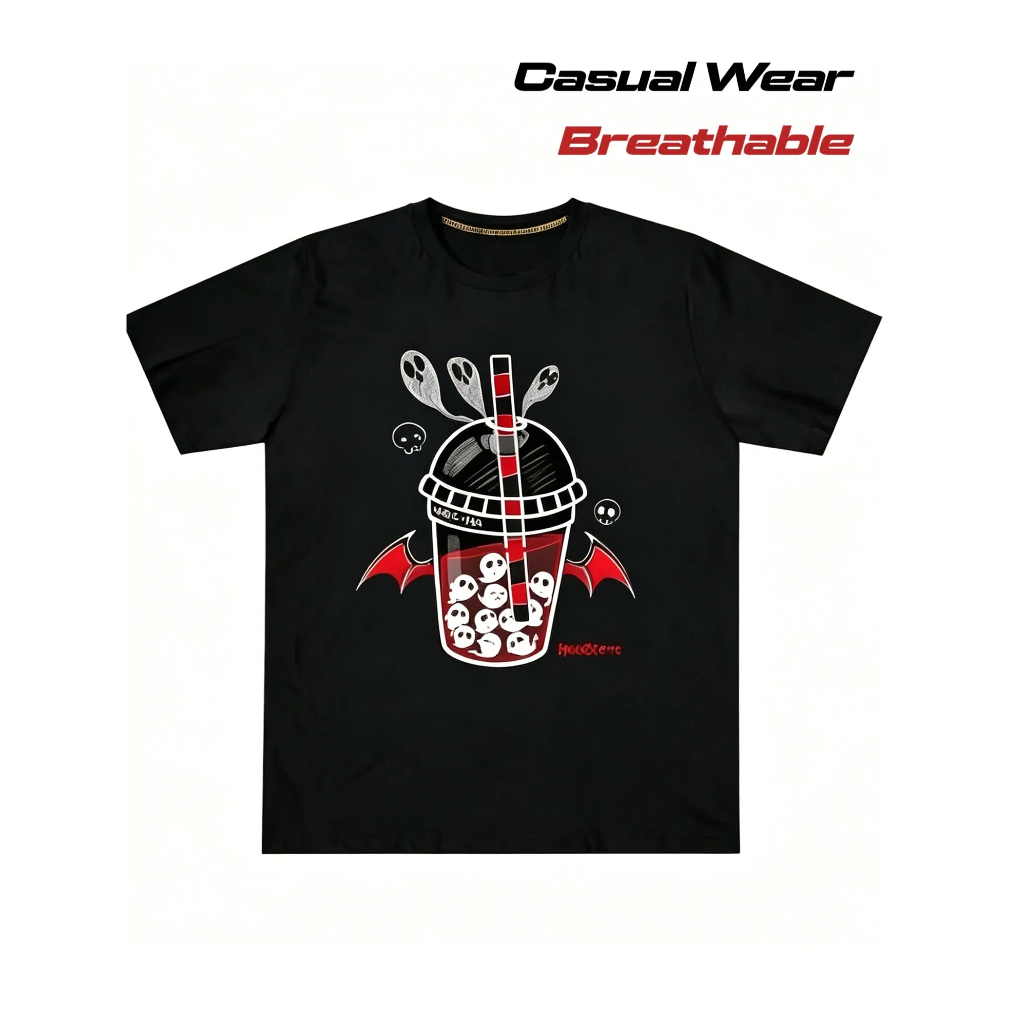 Spookscene Ghos Tea Gothic Halloween T-Shirt Black, with Spooky Milk Tea Cup and Pattern