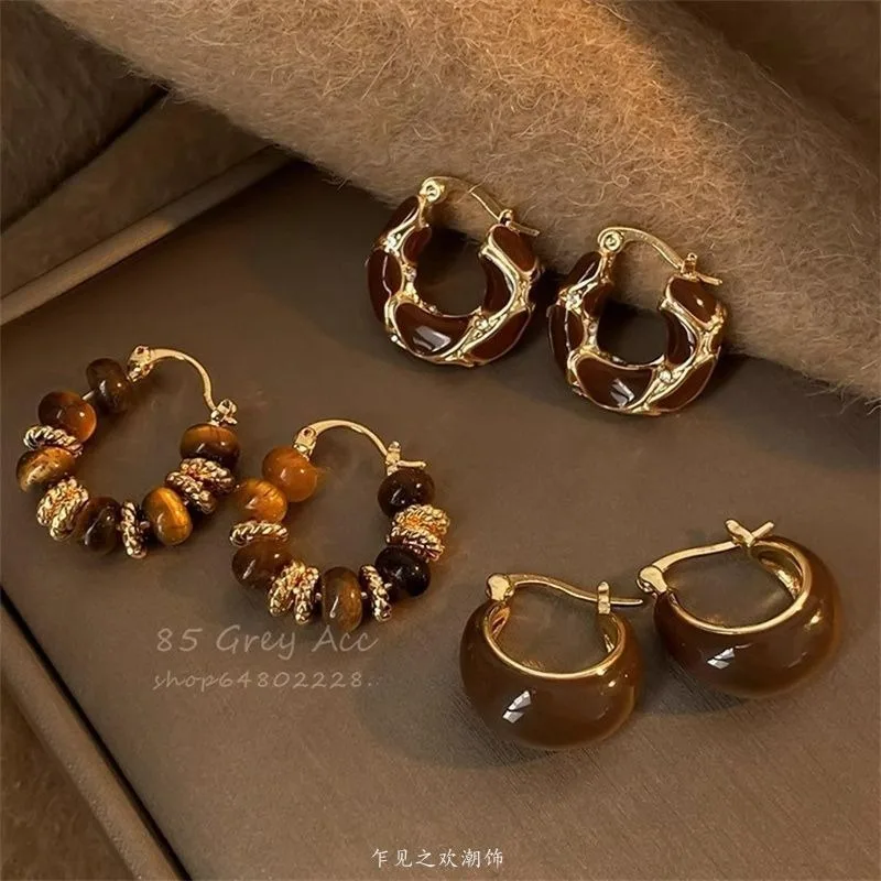 Autumn and winter Maillard retro ear buckles are versatile, simple and fashionable, Korean women's stud earrings, niche design t