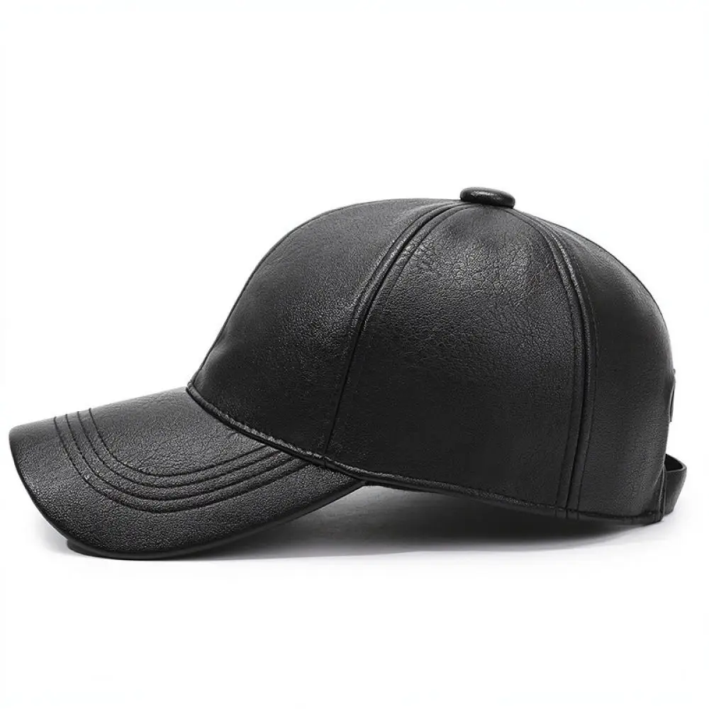 Outdoor Warm Leather Cap Men Winter Fleece Lined Baseball Hat Adjustable PU Leather Solid Color Casual Daily Golf Hats view 4
