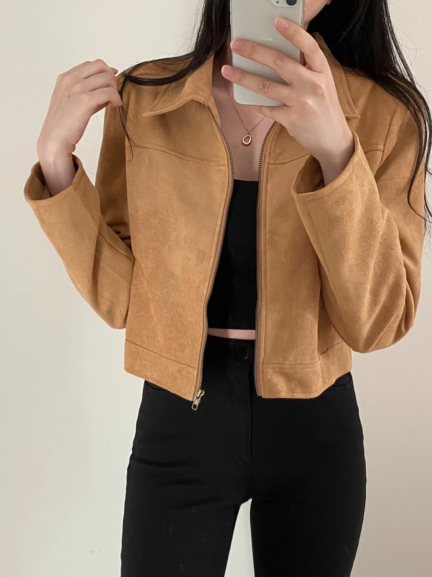 American Style Short Suede Jacket Women's Autumn Winter Flight Coat Flip Collar Compact Size High End Feeling Top