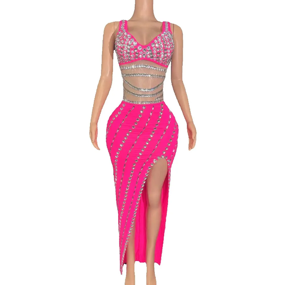 ชุดเดรสยาวประดับคริสตัลวิบวับสำหรับผู้หญิง สไตล์เซ็กซี่ เหมาะสำหรับงานกลางคืน งานเลี้ยงฉลองวันเกิด ถ่ายภาพ แสดงบนเวที