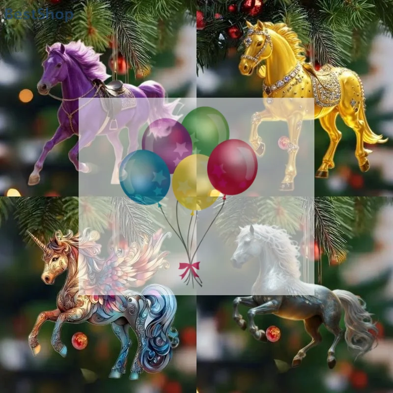 Exquisite 2D Acrylic Horse Car Rearview Mirror Pendant Backpack Charm Christmas Tree Ornament Party New Year Hanging Decoration