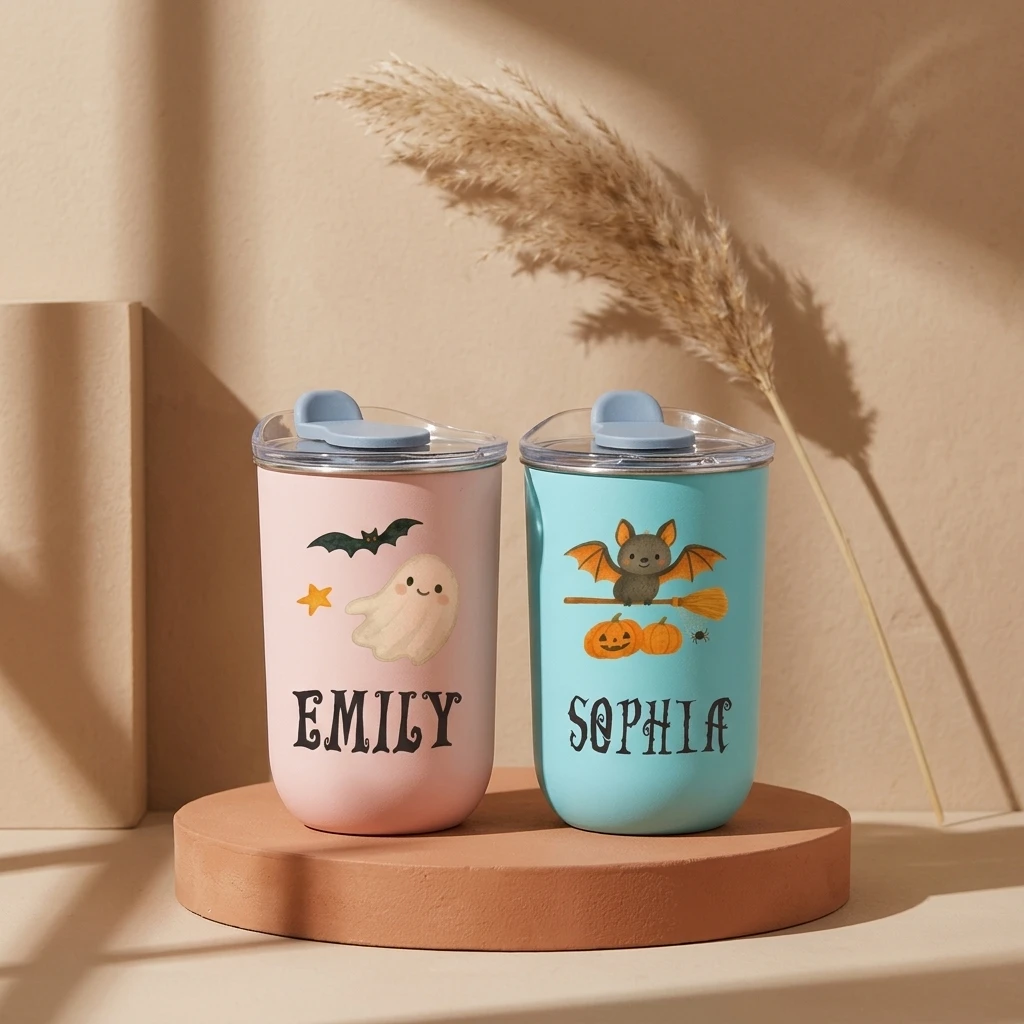 Personalized Halloween Ghost Bat Stainless Steel Tumbler Custom Name Insulated Cup With Lid Cute Spooky Mug Holiday Gift For Kid