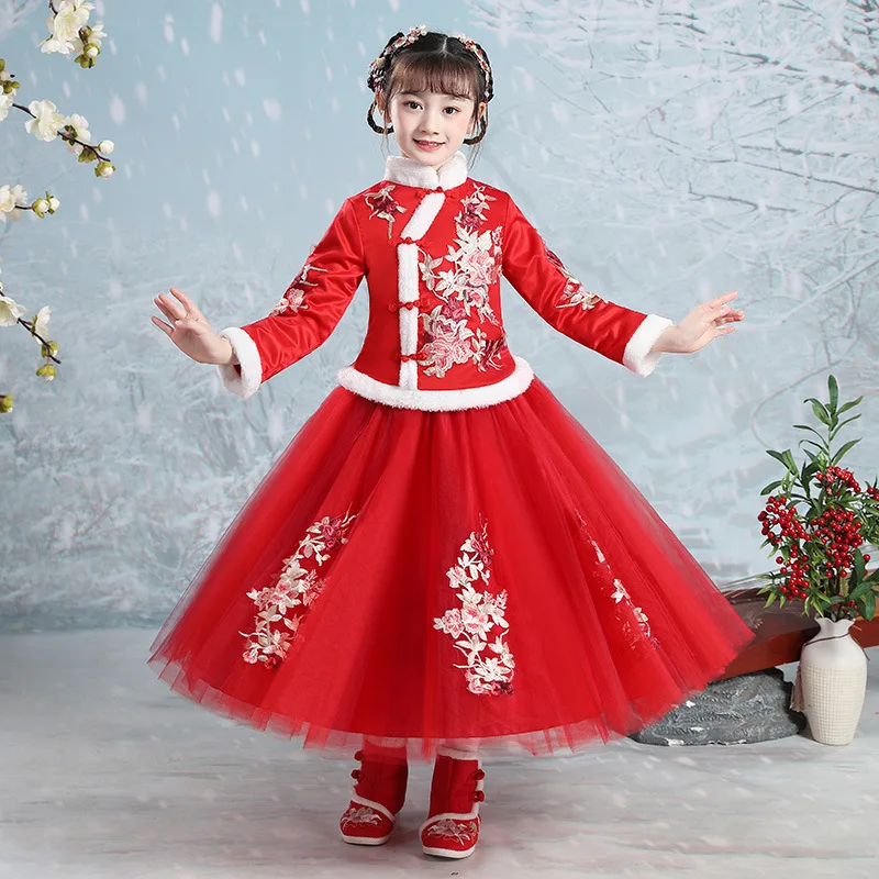 

Winter Embroidery Kids Chinses Lovely Tang Suit Girls Cotton-padded Clothes Children Traditional Ancient Hanfu