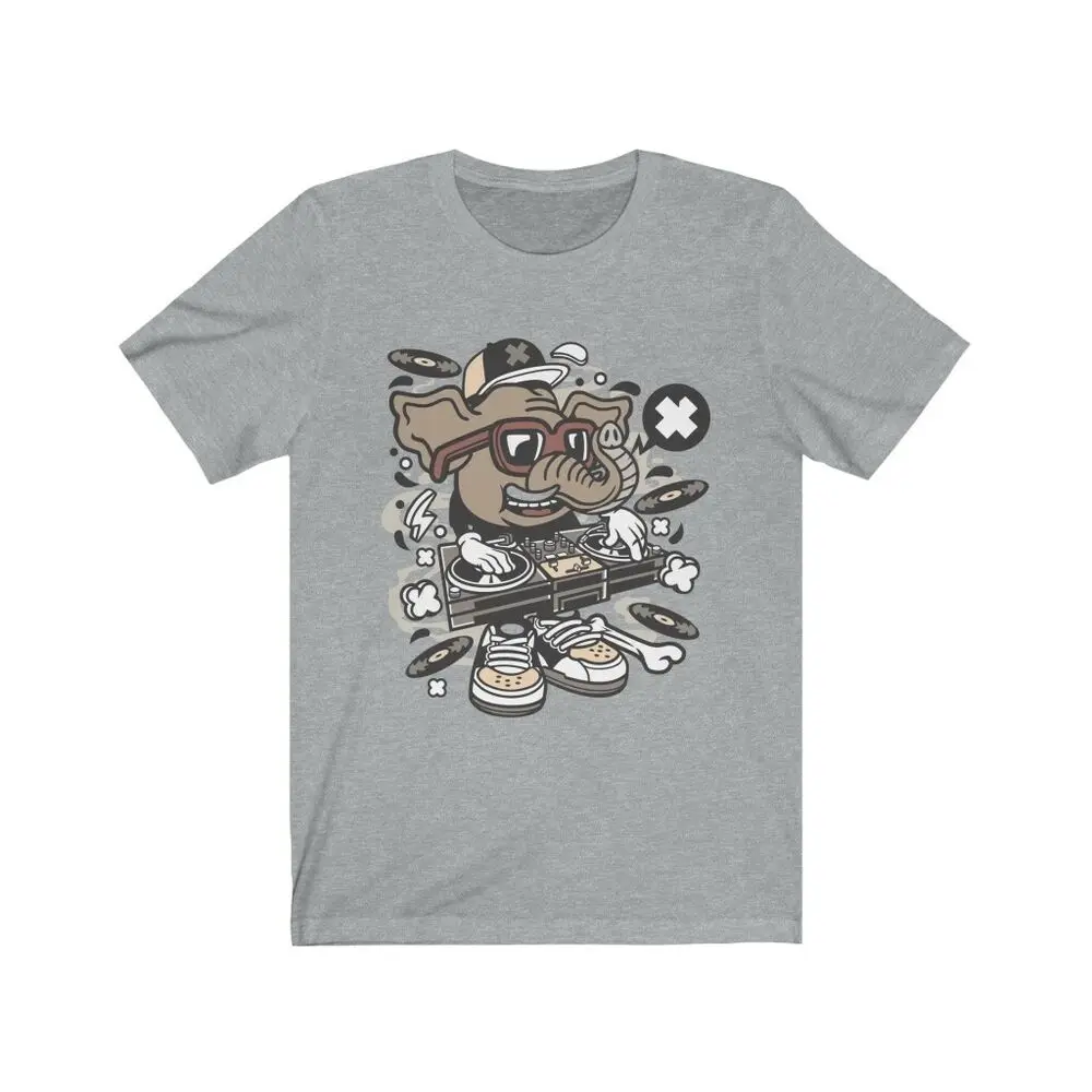 Elephant Disk Jockey Men's Short Sleeve Grey T-Shirt Funny Cartoon Retro  High Quality 100%Cotton Short Sleeve