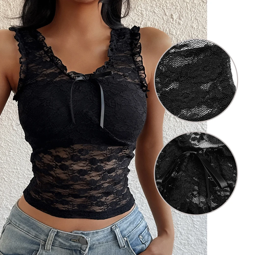 Black Hot Girl Style Breathable Lace Camisole Transparent Material V-neck Design Breathable Fabric Classic Style