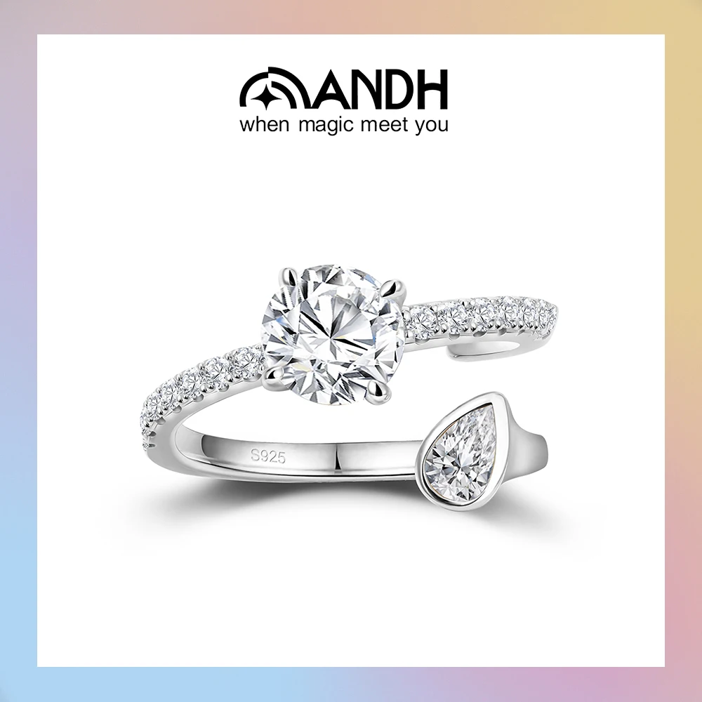 

ANDH D Color Round & Pear-Cut Moissanite Open Ring for Women Unique Adjustable Design Engagement Wedding Rings Fashion Jewelry