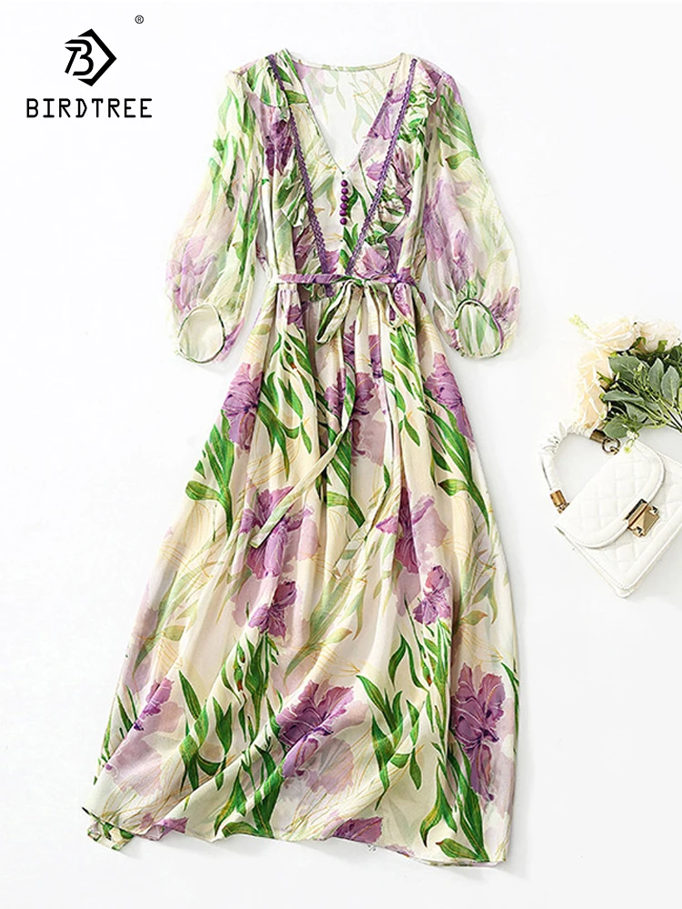 

Birdtree 100%Mulberry Silk Floral Vintage Dresses For Women 2023 Summer Elegant V-neck Lantern Sleeve A-line Midi Dress D38118QC