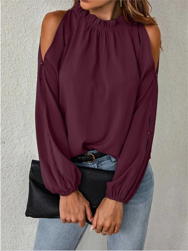 Elegant Half Turtle Neck Long Sleeve Top Women's Fashion Autumn Solid Color Ruffled Off-Shoulder Loose Casual Blouse Tops Female