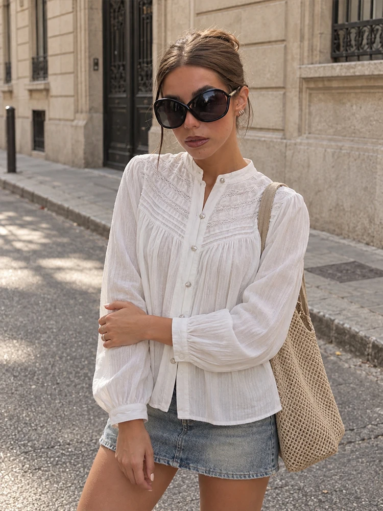 HH Women French Stand Collar Lace Spliced White Blouse Loose Gathered Puff Long Sleeve Shirt Spring Autumn Casual Elegant Top