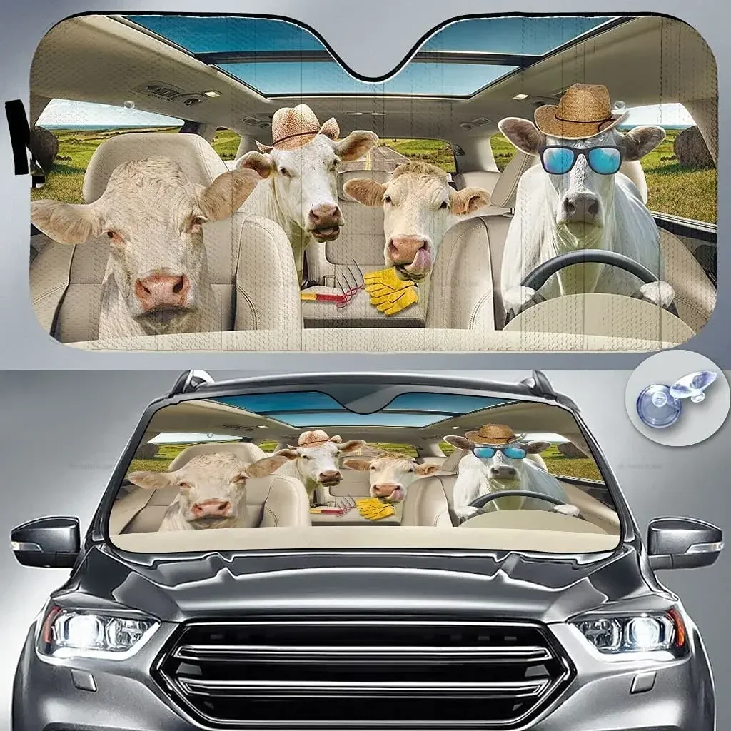 Funny Charolais Cattle Family Driving On Summer Car Sunshade Windshield Window, Gift for Farmer Animal Lover, Car Windshield Aut