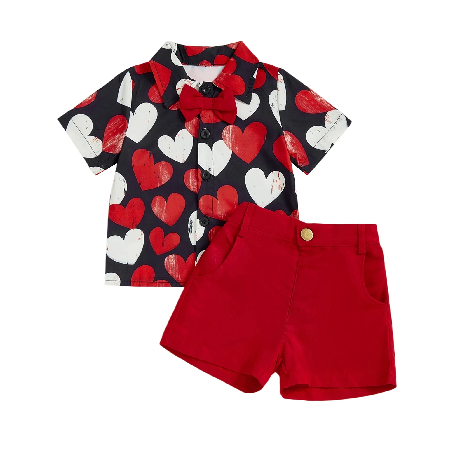 ViSgogo Toddler Baby Boys Valentines Outfit Fashionable Short Sleeve Heart Printed Shirt with Solid Color Shorts 2Pcs Clothing