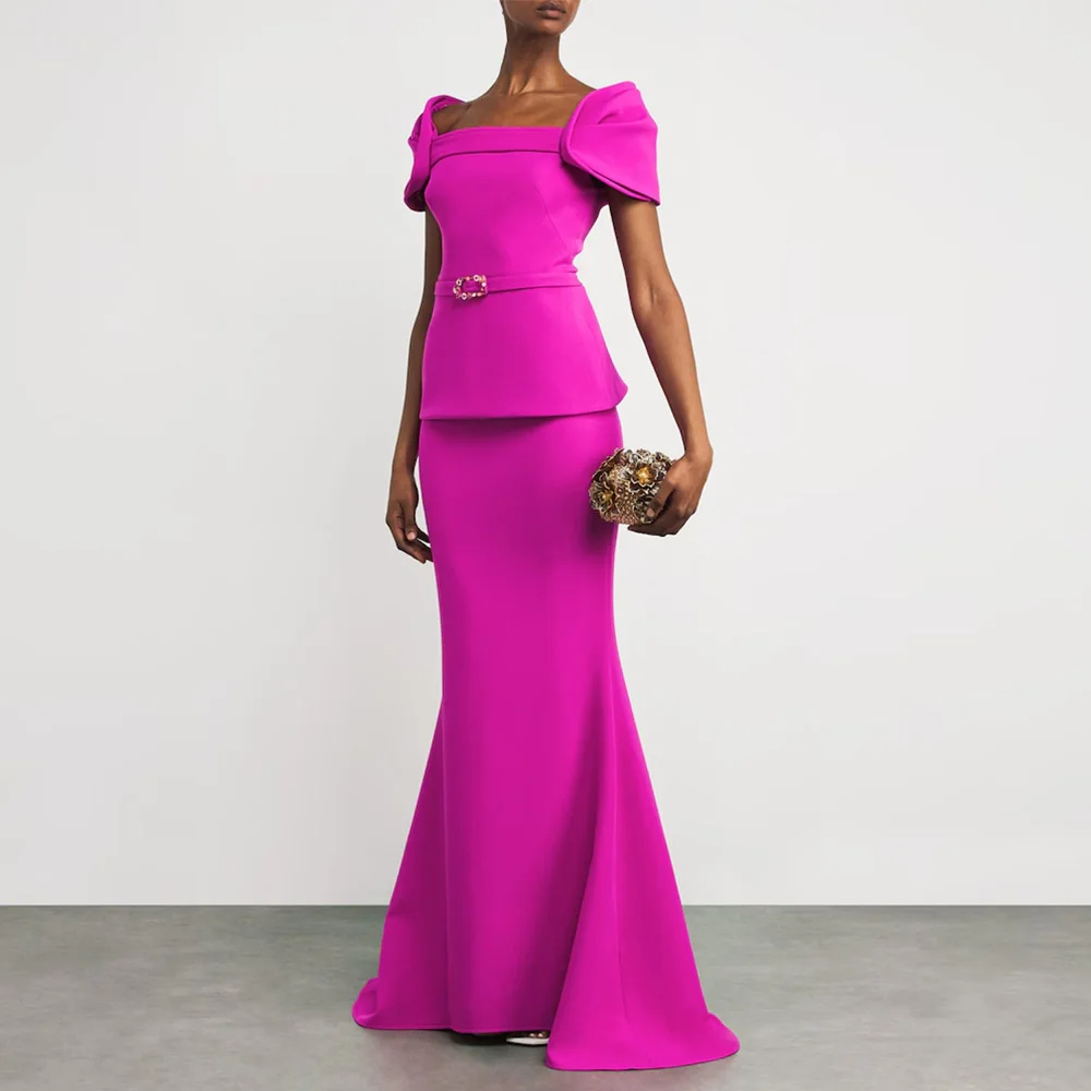 

Modern Evening Dress 2 Pieces Mermaid Short Sleeves Hot Pink Wedding Guest Gowns for Women 2026 Trumpet Belt Elegant Prom Dress