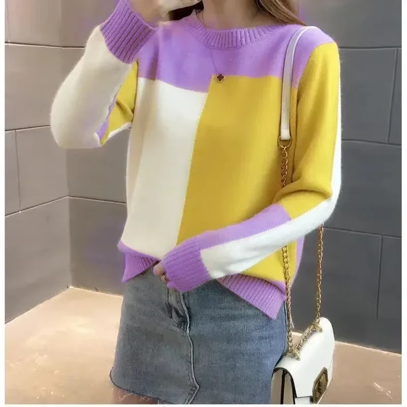 POCZCIY Suéter de punto acanalado con cuello redondo y contraste de color para mujer, jersey suelto de manga larga para Otoño Invierno 2025