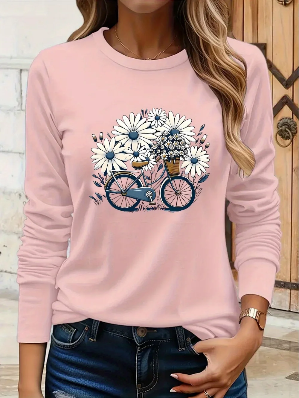 Floral Bicycle Print Women's Casual T-Shirts Graphic Tees Round Neck Tops Spring and Autumn T-Shirt Daily Wear Female Clothing