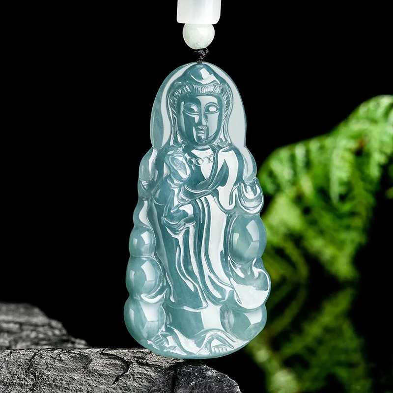 

Natural Burmese Blue Emerald Guanyin Jade Pendant Necklace Fashion Charm Jewelry Accessories Hand-Carved Amulet Gifts for Women