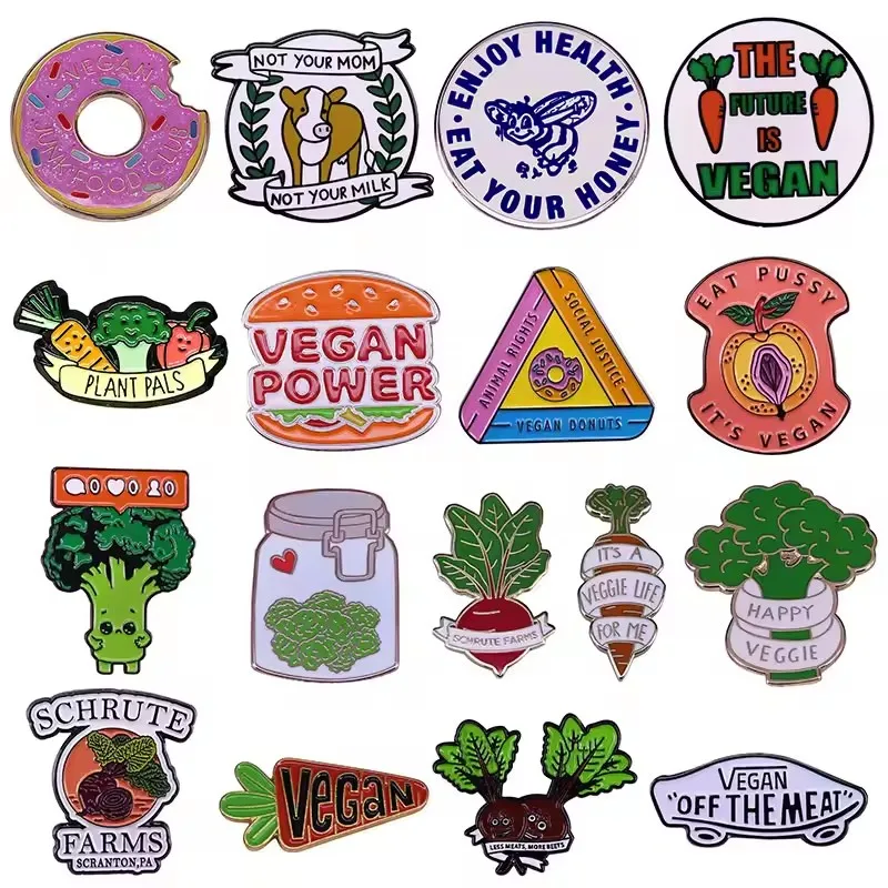 Veganism Enamel Pin Creative Fruit Vegetable Brooch Cartoon Carrot English Declaration Badge Vegetarian Organization Accessories